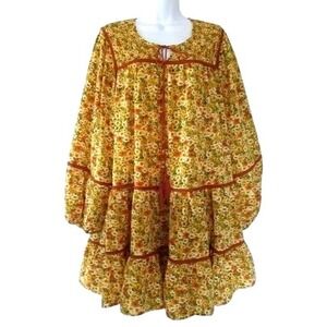 Floral long sleeves‎ lose mini yellow dress women size 12